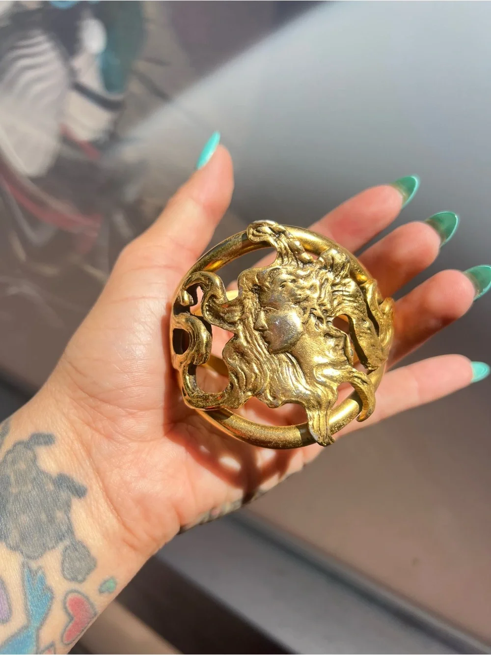 1970’s Vintage Gold Metal Goddess Art Nouveau Signed Clamper Bracelet